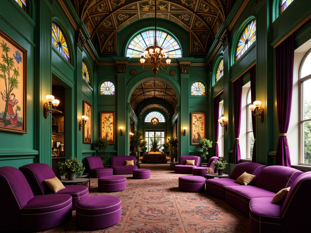 Prompt: \Opulent Art Nouveau interior, sinuous lines, flowing curves, organic forms, luxurious fabrics, velvety soft furnishings, rich jewel tones, emerald green walls, amethyst purple accents, golden metallic details, intricate mosaics, stained glass windows, ornate mirrors, floral patterns, whimsical illustrations, warm candlelight, dramatic shadows, shallow depth of field, 1/1 composition, intimate atmosphere.\