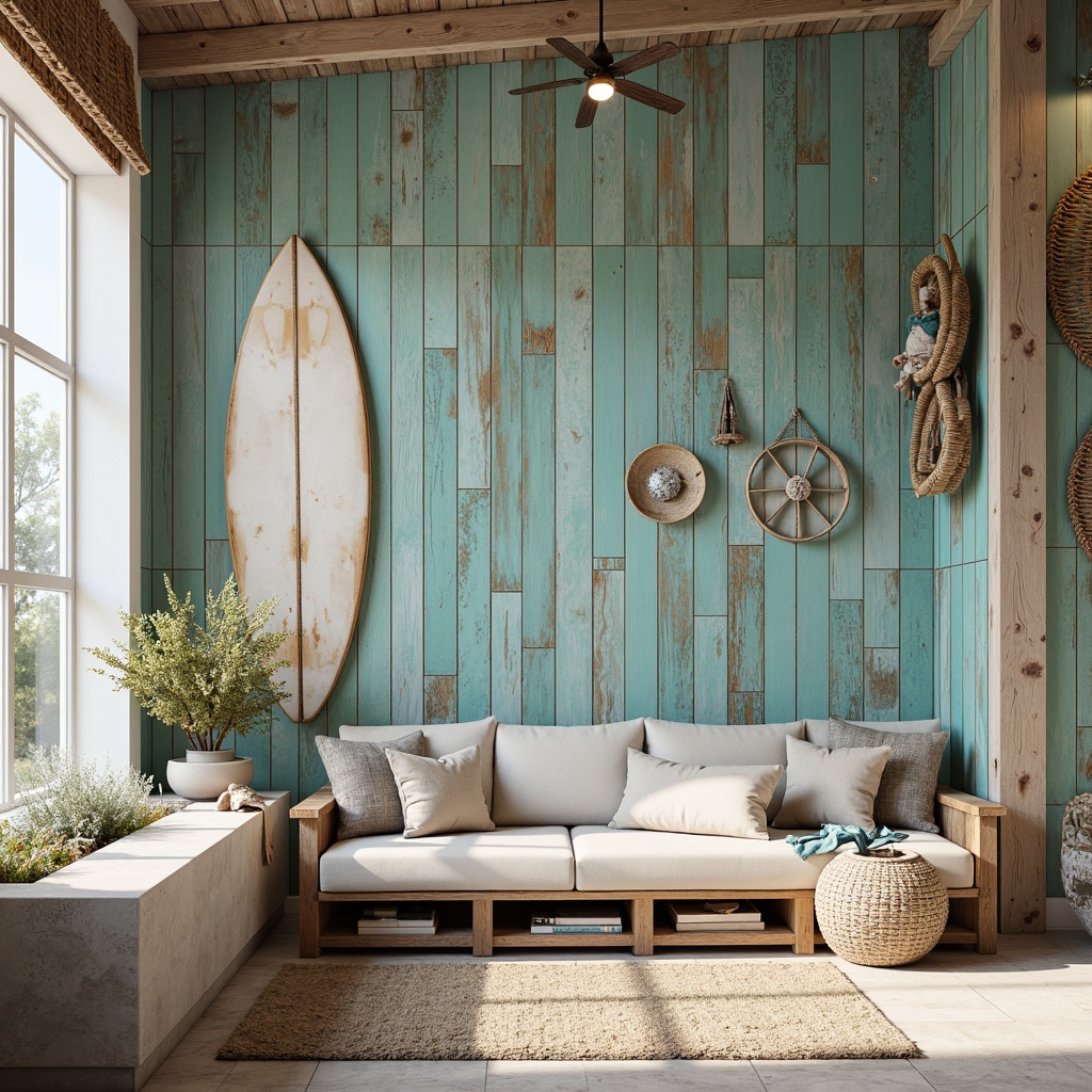 Prompt: Weathered wooden planks, distressed finishes, soft blue-green hues, natural textures, beachy vibe, ocean-inspired colors, shell-adorned accents, driftwood decor, coral-patterned tiles, sea-glass walls, surfboard-inspired designs, rustic metal fixtures, woven fibers, nautical ropes, seaside-inspired murals, warm sandy neutrals, calming ambiance, soft focus, shallow depth of field, 1/1 composition, realistic renderings.