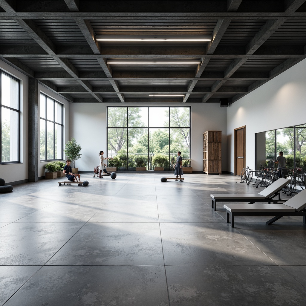 Prompt: Minimalist open space gymnasium, polished concrete floors, industrial metal beams, large windows, natural light, modern LED lighting, sleek equipment, free weights, exercise machines, mirrored walls, minimalist color scheme, grey tones, white accents, clean lines, simplicity emphasis, 1/1 composition, softbox lighting, subtle shadows, realistic textures, ambient occlusion.