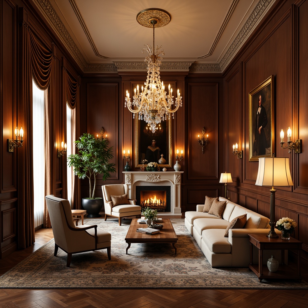 Prompt: Elegant family room, ornate furnishings, rich wood paneling, crystal chandeliers, warm golden lighting, soft candlelight, lavish velvet drapes, intricate moldings, high ceilings, marble fireplaces, symmetrical compositions, classical proportions, subtle color palette, subtle texture variation, realistic material reflections, ambient occlusion, 1/1 composition, shallow depth of field, soft focus blur.