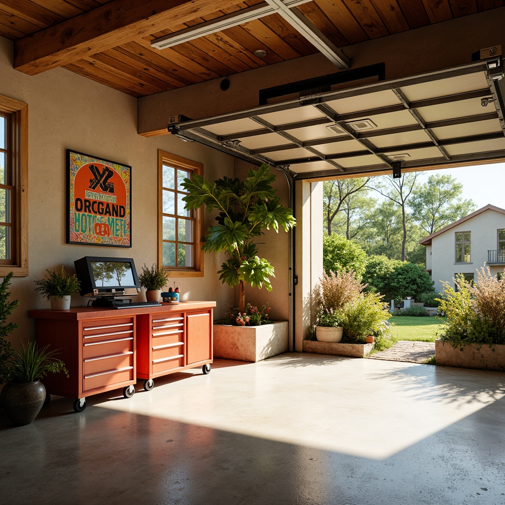 Prompt: Vibrant family garage, warm beige walls, rich wood accents, industrial metal beams, concrete floors, colorful toolboxes, eclectic decorative signs, natural light pouring in, large windows, sliding glass doors, lush greenery outside, sunny day, soft warm lighting, 3/4 composition, shallow depth of field, realistic textures, ambient occlusion.