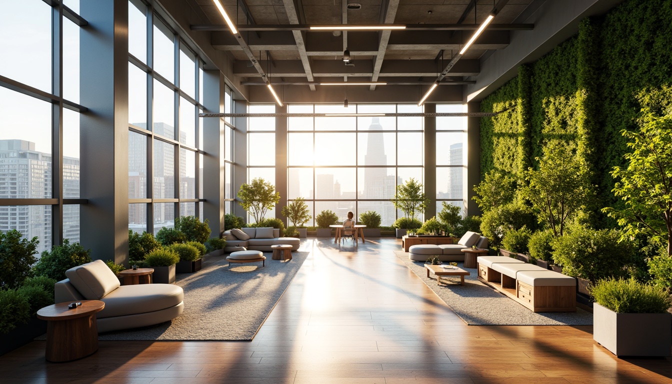 Prompt: Vibrant office interior, abundant natural light, floor-to-ceiling windows, transparent glass walls, reflective metal frames, sleek minimalist decor, wooden flooring, subtle color palette, ergonomic furniture, lush greenery, living walls, urban cityscape views, morning sunlight, soft warm glow, shallow depth of field, 1/1 composition, realistic textures, ambient occlusion.