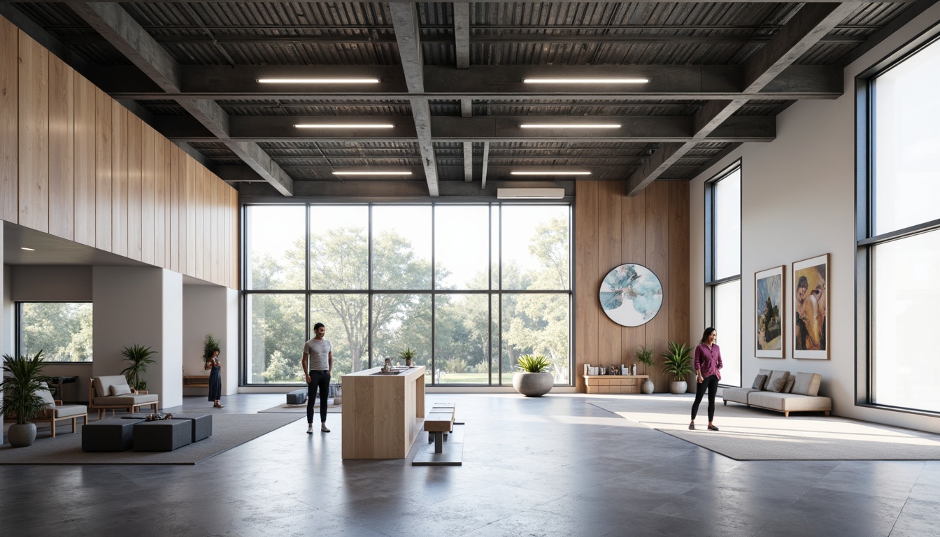 Prompt: Monochromatic gym interior, industrial-style metal beams, polished concrete floors, minimalist wooden accents, simple geometric shapes, muted color palette, soft pastel hues, calming atmosphere, natural light pouring in, large windows, sleek modern equipment, abstract artwork, subtle texture overlays, shallow depth of field, 1/1 composition, realistic render, ambient occlusion.