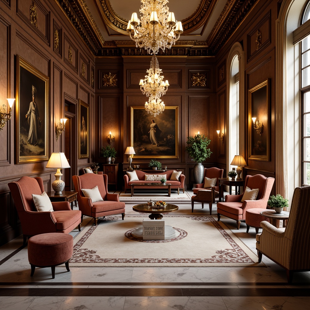 Prompt: Elegant classical mansion, ornate furnishings, rich velvet fabrics, carved wooden accents, gilded frames, crystal chandeliers, luxurious marble floors, stately columns, grand staircases, opulent drapery, refined upholstery, antique vases, oil painting masterpieces, soft warm lighting, dramatic shadows, 1/1 composition, symmetrical layout, realistic textures, ambient occlusion.