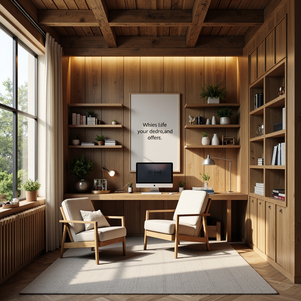 Prompt: Cozy home office, warm wood tones, natural textures, soft task lighting, desk lamps, floor lamps, LED strips, ambient glow, creamy whites, calming blues, soothing greens, comfortable seating, ergonomic furniture, minimal decor, inspirational quotes, motivational artwork, greenery views, nature-inspired accents, rustic wooden shelves, industrial metal fixtures, modern minimalist aesthetic, warm neutral colors, inviting atmosphere, softbox lighting, 1/2 composition, realistic renderings.