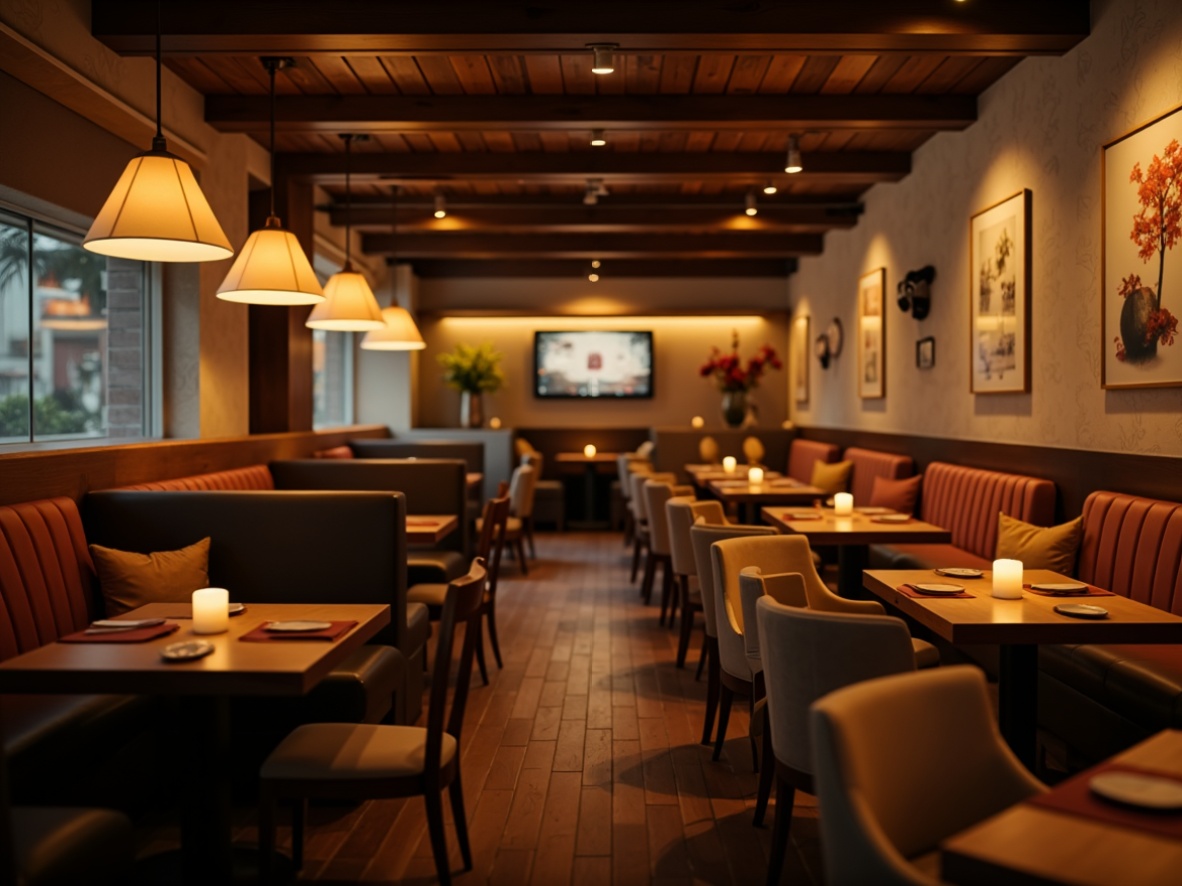 Prompt: Warm restaurant ambiance, dimmed softbox lights, pendant lamps, wooden accents, rustic decor, earthy tones, candlelit tables, cozy nooks, plush upholstery, warm beige walls, rich wood flooring, ambient glow, subtle color temperature, 1/2 composition, intimate atmosphere, realistic textures, soft focus, shallow depth of field.