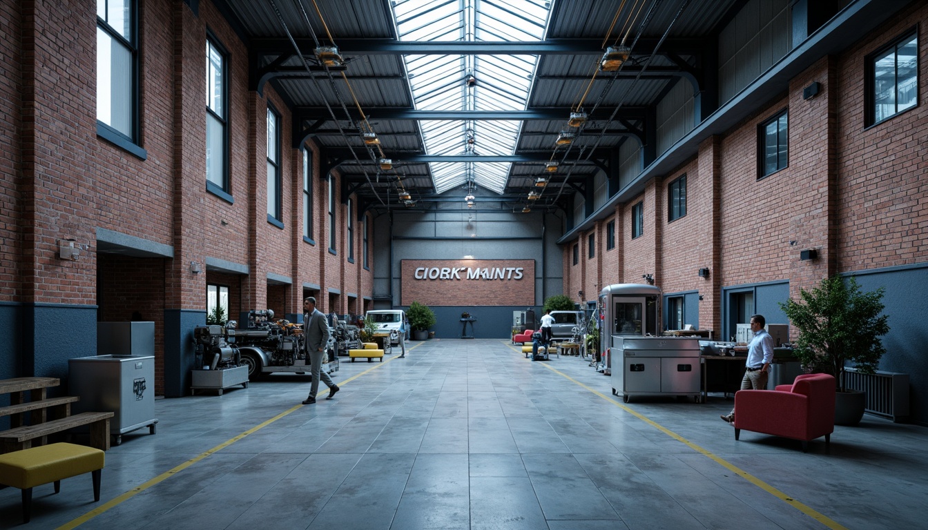 Prompt: Industrial warehouse, exposed brick walls, metal beams, polished concrete floors, functional lighting, modern machinery, sleek metallic surfaces, neutral color palette, shades of grey, blue undertones, accent walls, bold typography, urban loft atmosphere, high ceilings, open spaces, natural light pouring in, soft warm glow, 1/1 composition, realistic textures, subtle ambient occlusion.