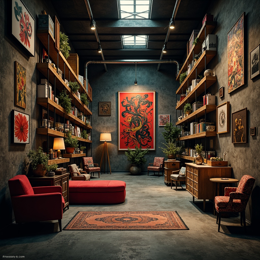 Prompt: Dramatic storage room, asymmetrical shelving units, bold colorful accents, eclectic decorative objects, distressed wood textures, industrial metal fixtures, vintage furniture pieces, abstract expressionist artwork, moody atmospheric lighting, shallow depth of field, 1/1 composition, gritty realistic textures, ambient occlusion, dimly lit ambiance, mysterious shadowplay.