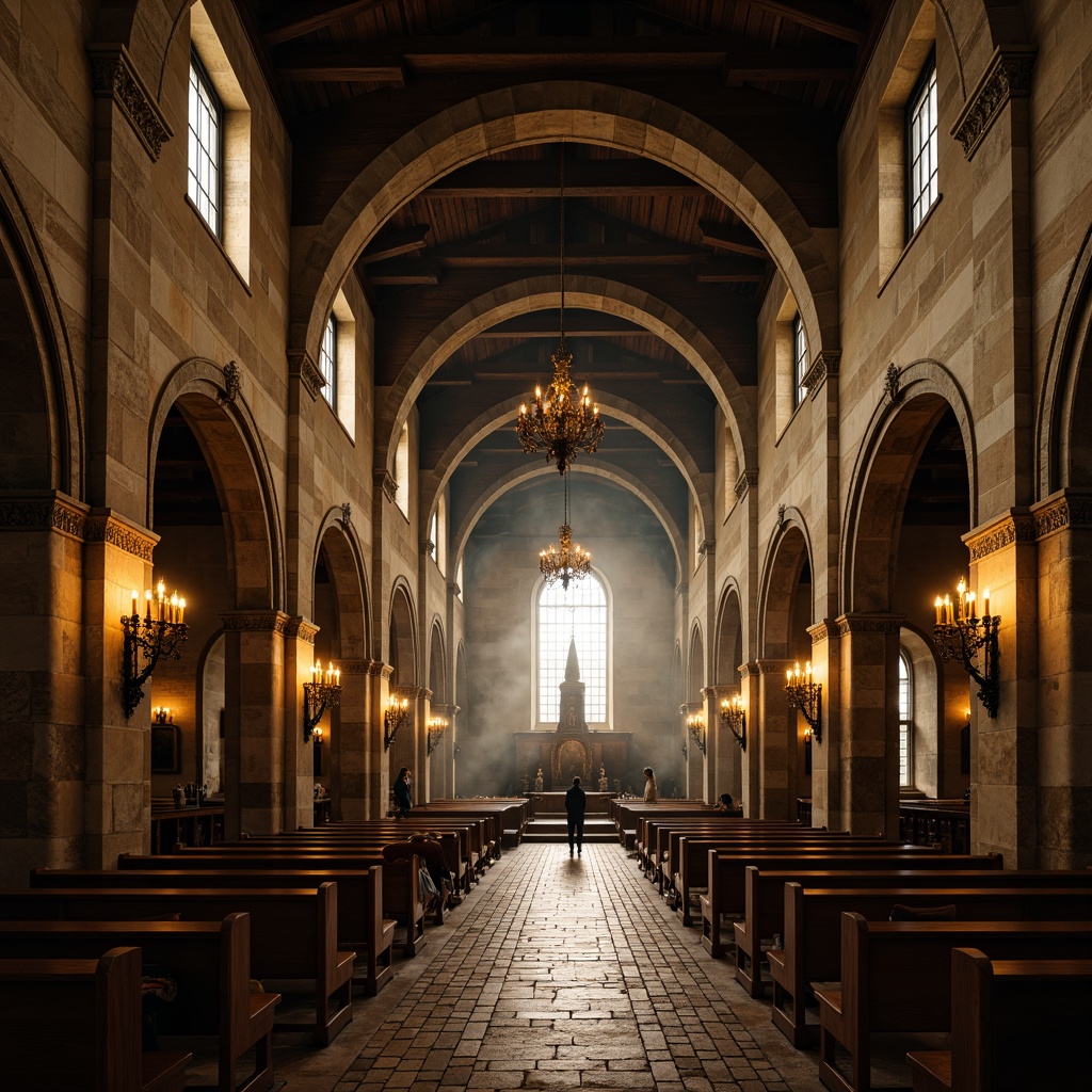 Prompt: Rustic church interior, vaulted ceiling, ancient stone walls, wooden beams, ornate chandeliers, stained glass windows, soft warm lighting, dimly lit ambiance, worn stone floors, wooden pews, intricate carvings, Gothic arches, medieval-inspired design, grandiose architecture, dramatic height, atmospheric fog, soft focus, 1/2 composition, warm color palette, realistic textures.