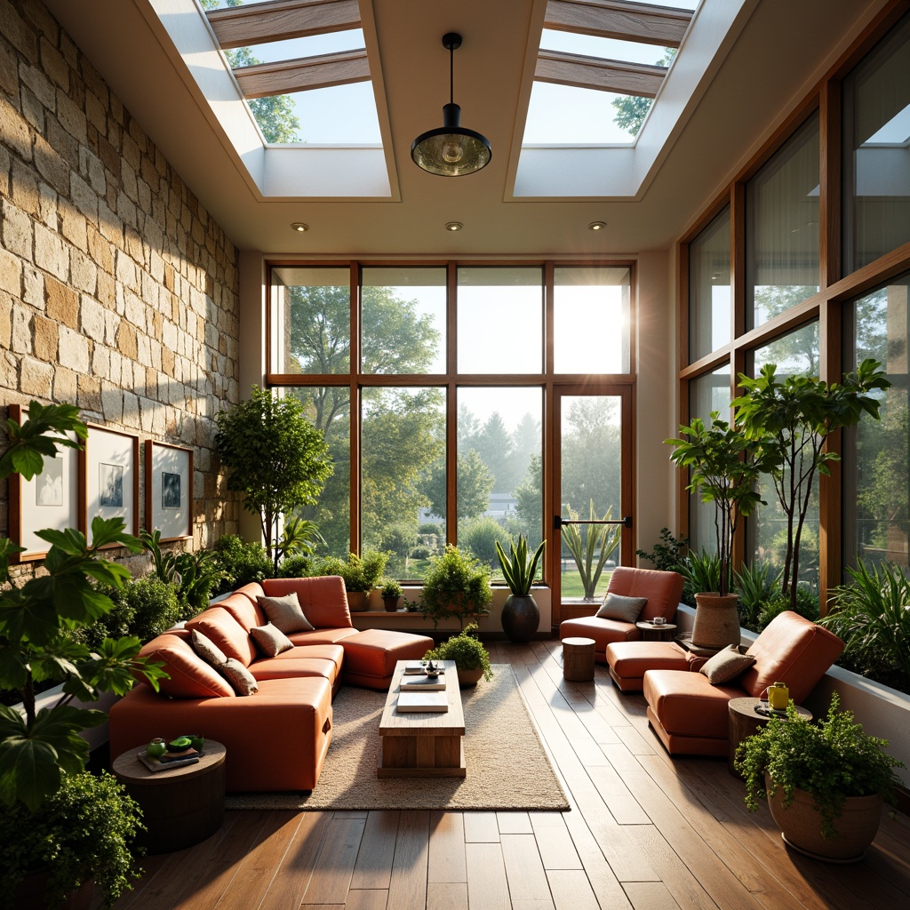 Prompt: Vibrant living room, large windows, clerestory windows, skylights, natural stone walls, reclaimed wood flooring, minimalist decor, greenery, potted plants, comfortable seating areas, soft warm lighting, shallow depth of field, 3/4 composition, panoramic view, realistic textures, ambient occlusion.