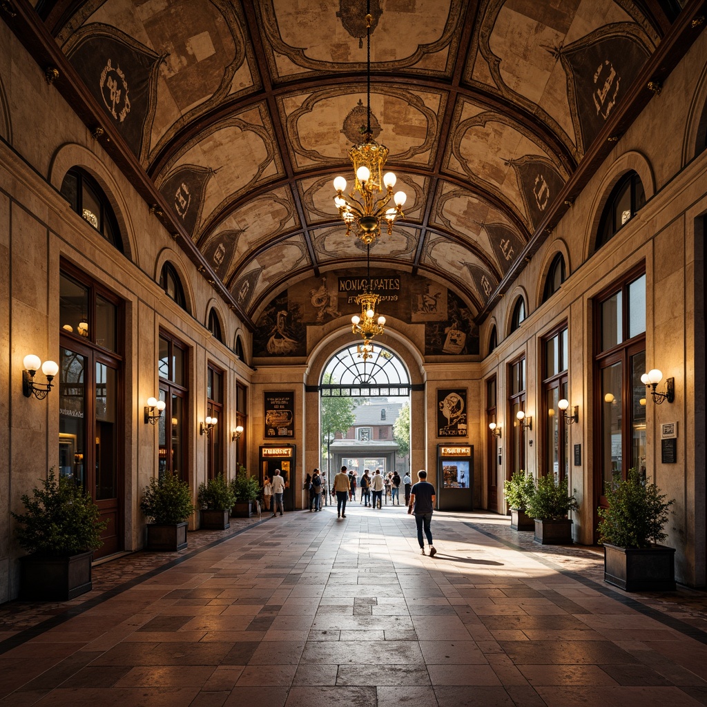 Prompt: Rustic metro station, French country style, distressed stone walls, ornate metalwork, elegant chandeliers, grand archways, terracotta tile floors, wooden beams, soft warm lighting, vintage advertisements, classic signage, nostalgic artifacts, old-fashioned clock towers, intricate mosaics, Beaux-Arts influences, neoclassical details, symmetrical compositions, shallow depth of field, 1/2 composition, warm color palette, realistic textures, ambient occlusion.