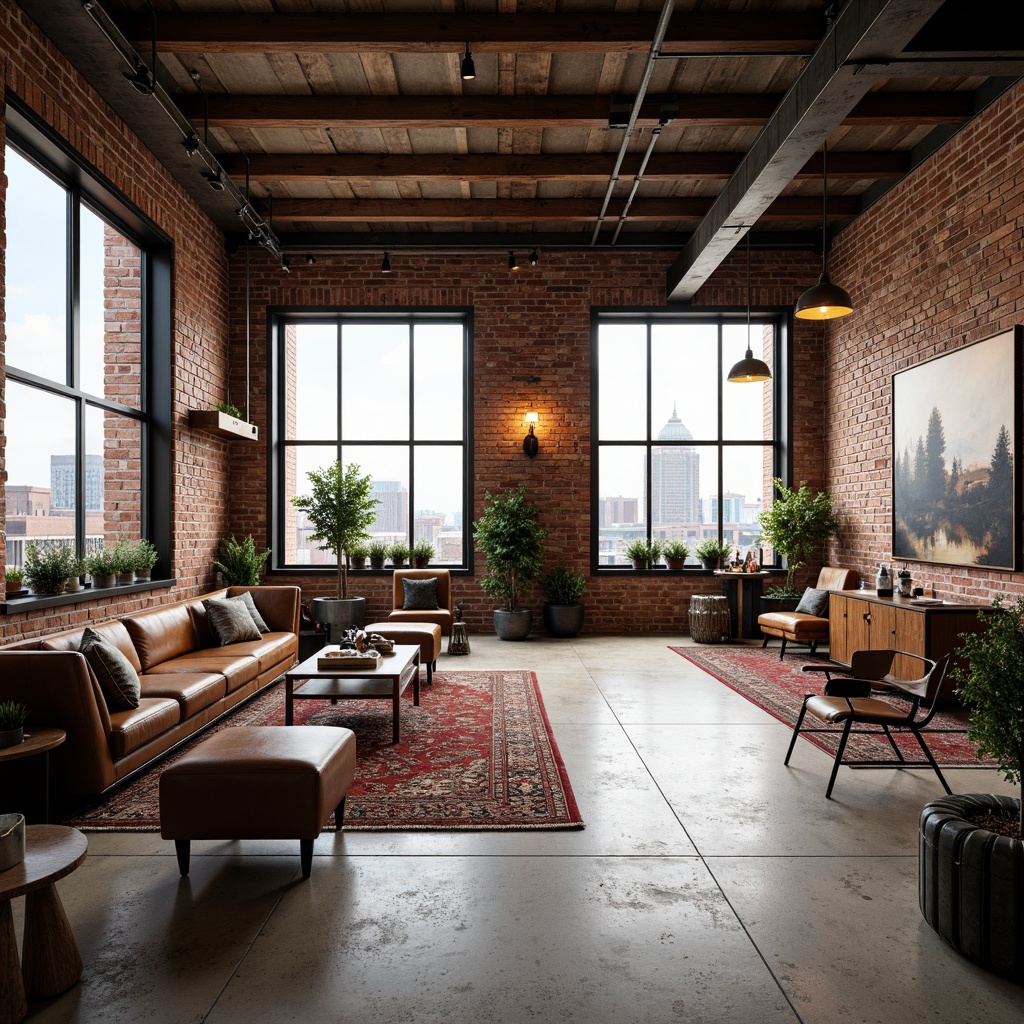 Prompt: Exposed brick walls, polished concrete floors, industrial metal beams, reclaimed wood accents, eclectic mix of vintage and modern furniture, abundance of natural light, airy atmosphere, urban city views, floor-to-ceiling windows, minimalist decor, distressed leather sofas, ornate antique rugs, artistic lighting fixtures, abstract artwork, cozy reading nooks, lush greenery, warm earthy tones, soft warm lighting, shallow depth of field, 3/4 composition, panoramic view, realistic textures, ambient occlusion.