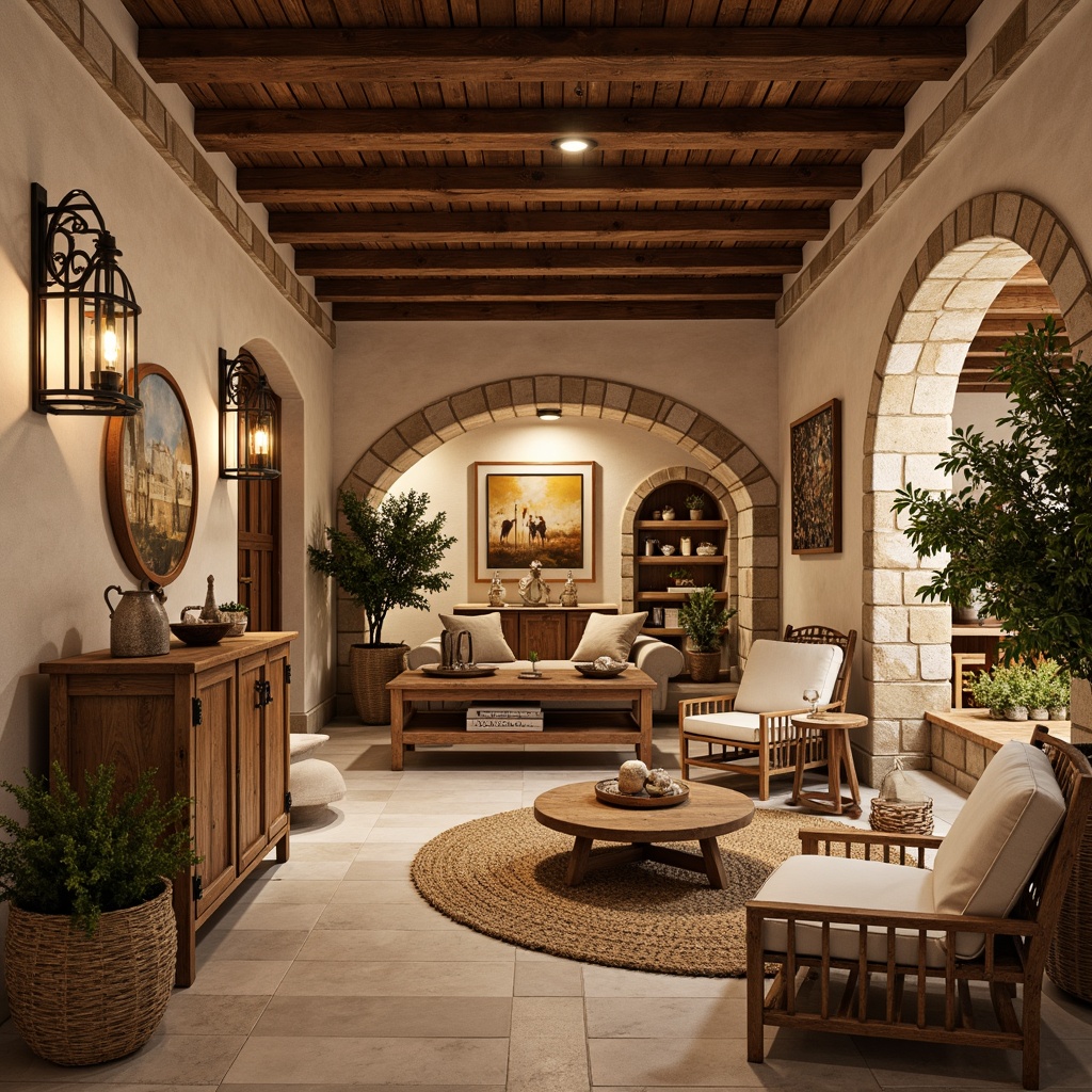 Prompt: Cozy basement, exposed wooden beams, rustic stone walls, earthy color palette, natural textures, warm ambient lighting, plush furnishings, woven baskets, potted greenery, ornate metalwork, Mediterranean-inspired arches, curved lines, soft pastel hues, distressed wood accents, vintage decorative items, intimate seating areas, built-in shelving, wine cellar, rustic wooden tables, pendant lanterns, warm beige tones, inviting atmosphere.