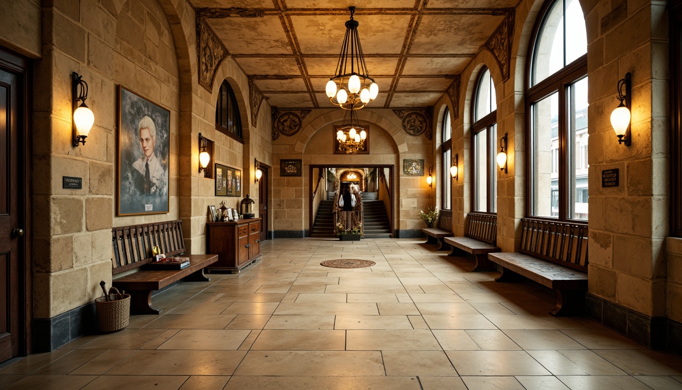 Prompt: Vintage metro station, rustic stone walls, ornate ironwork, soft warm lighting, pendant lamps, elegant chandeliers, creamy marble floors, distressed wood accents, antique furniture, classic signage, vintage advertisements, subtle color palette, earthy tones, warm beige hues, soft shadows, 1/1 composition, shallow depth of field, natural textures, ambient occlusion.