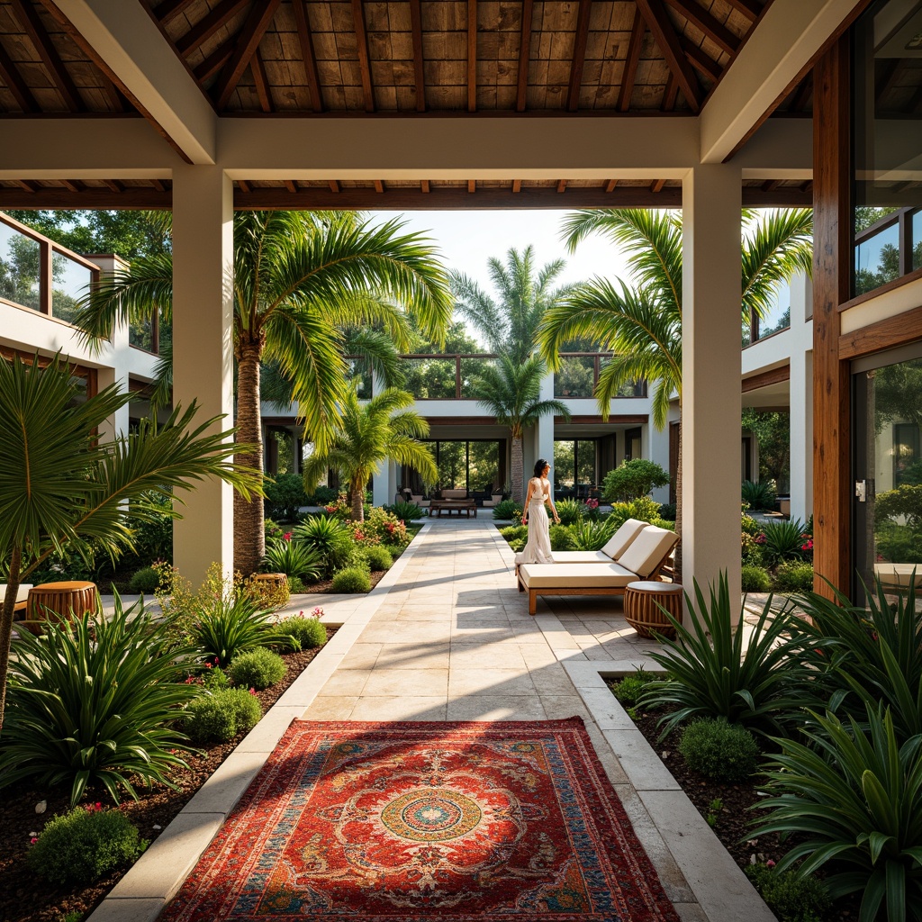 Prompt: Lush tropical gardens, palm trees, exotic flowers, natural stone flooring, wooden accents, rattan furniture, vibrant colorful textiles, intricate geometric motifs, spacious open areas, high ceilings, large windows, sliding glass doors, abundant natural light, soft warm lighting, shallow depth of field, 3/4 composition, panoramic view, realistic textures, ambient occlusion.