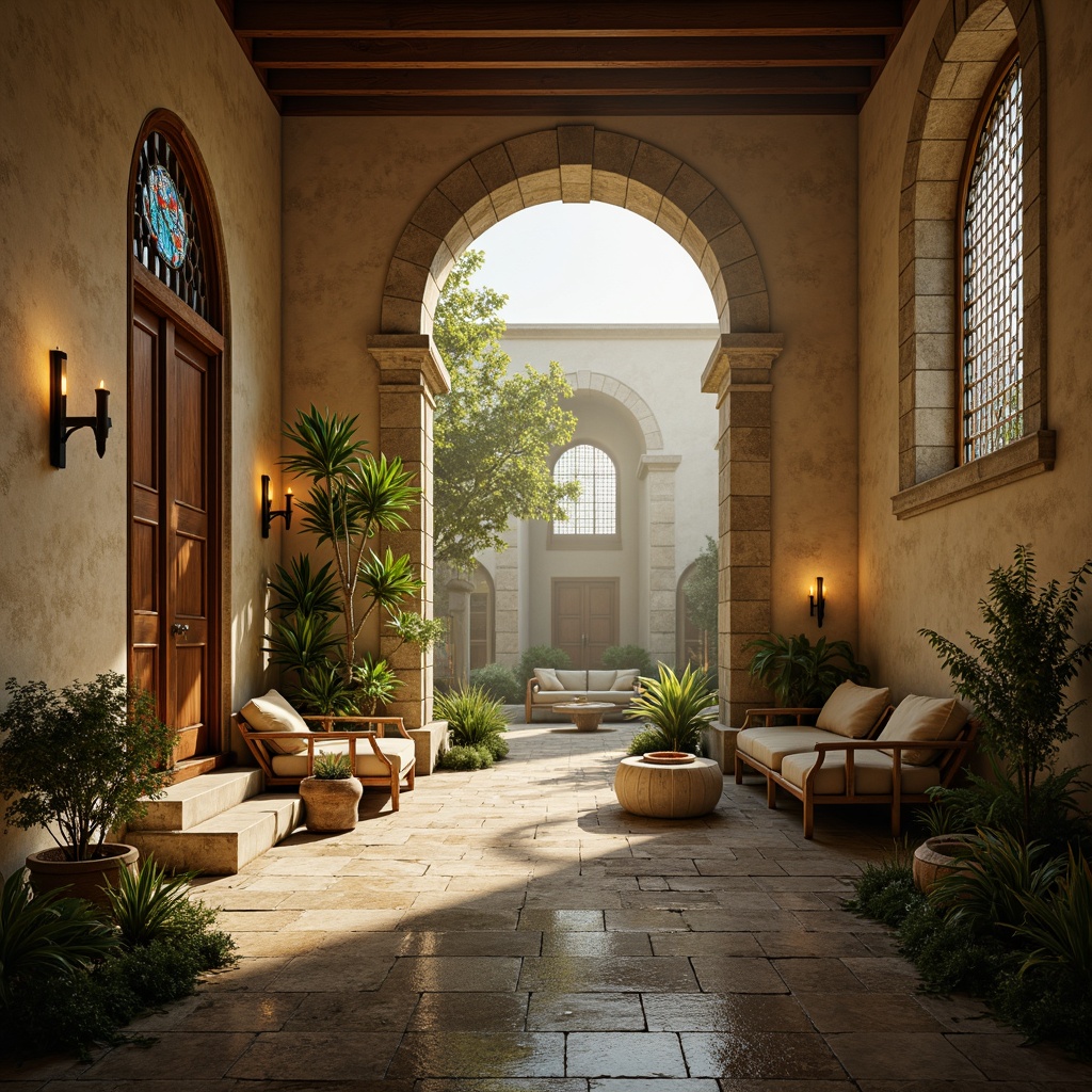 Prompt: Ethereal monastery, soft diffused light, warm beige walls, rustic wooden accents, candles, lanterns, stained glass windows, vaulted ceilings, intricate stone carvings, serene ambiance, peaceful courtyard, lush greenery, trickling water features, natural fabrics, earthy tones, gentle mist, subtle shadows, warm color palette, high contrast ratio, shallow depth of field, 1/1 composition, realistic textures.