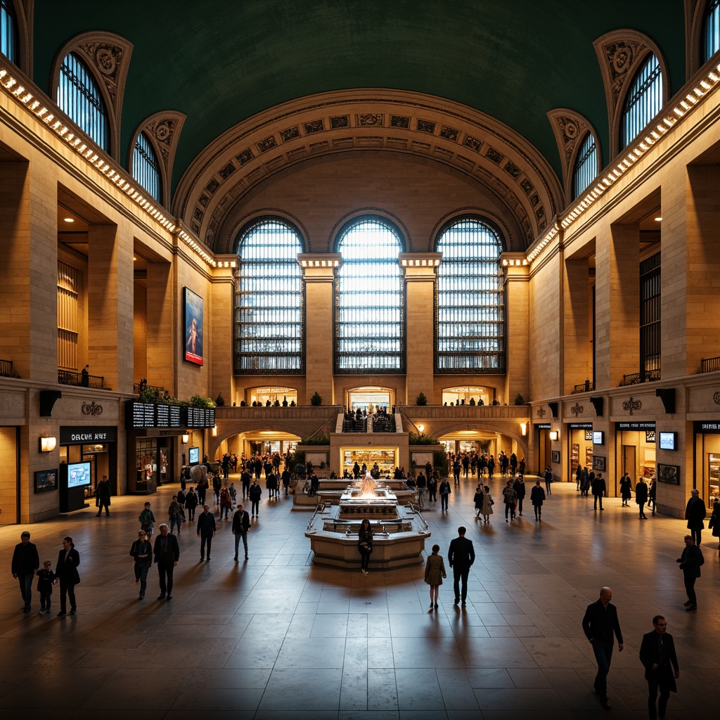 Prompt: Grand train station, ornate ironwork, vaulted ceilings, sweeping arches, intricate mosaics, bustling crowds, dynamic pedestrian flow, efficient wayfinding systems, ample natural light, warm atmospheric lighting, industrial metal tones, distressed stone textures, vibrant advertisement displays, eclectic urban soundscape, cinematic overhead shots, shallow depth of field, 2/3 composition, symmetrical framing, dramatic shadows, ambient occlusion.