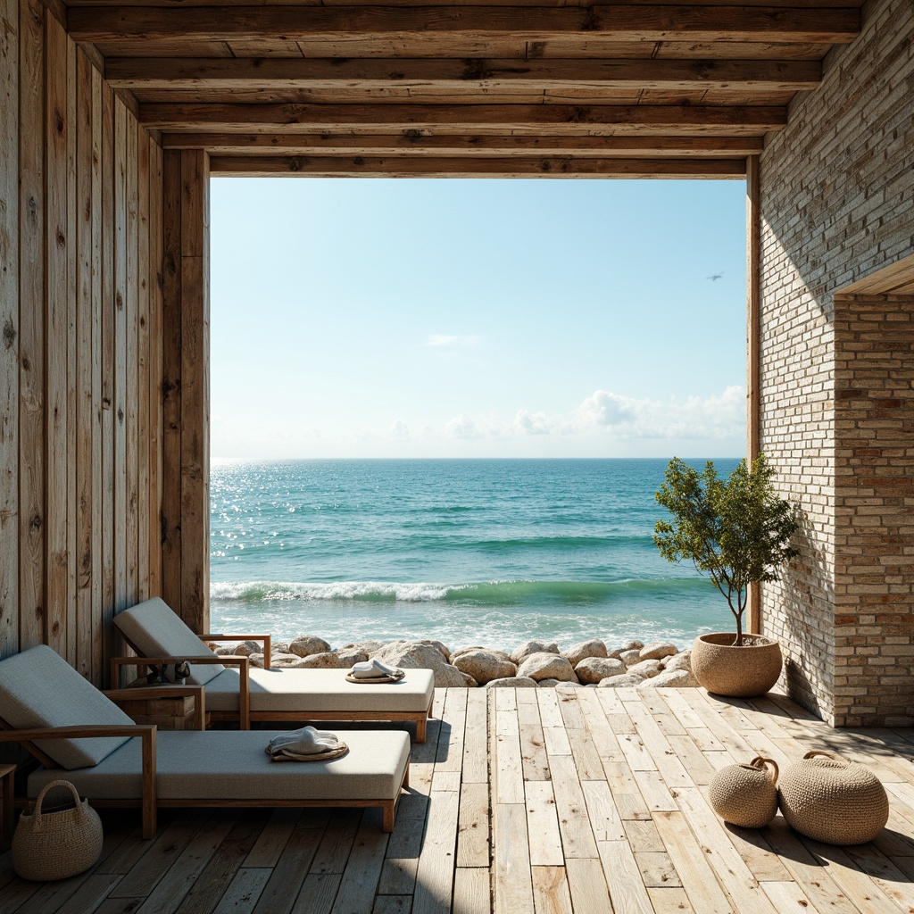 Prompt: Weathered wooden planks, distressed driftwood accents, soft blue-green hues, calming ocean views, natural stone walls, rough-hewn brick textures, coral-inspired patterns, sea-salt infused colors, beachy vibe, relaxed atmosphere, warm sunny lighting, shallow depth of field, 3/4 composition, panoramic view, realistic textures, ambient occlusion.