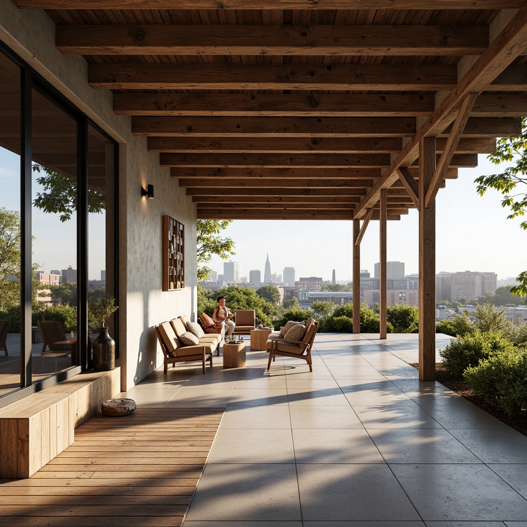 Prompt: Rustic pavilion, exposed wooden beams, industrial metal accents, reclaimed wood flooring, polished concrete walls, minimalist decor, abundant natural light, sliding glass doors, urban landscape views, modern cityscape, warm neutral color palette, soft diffused lighting, shallow depth of field, 2/3 composition, realistic textures, ambient occlusion.