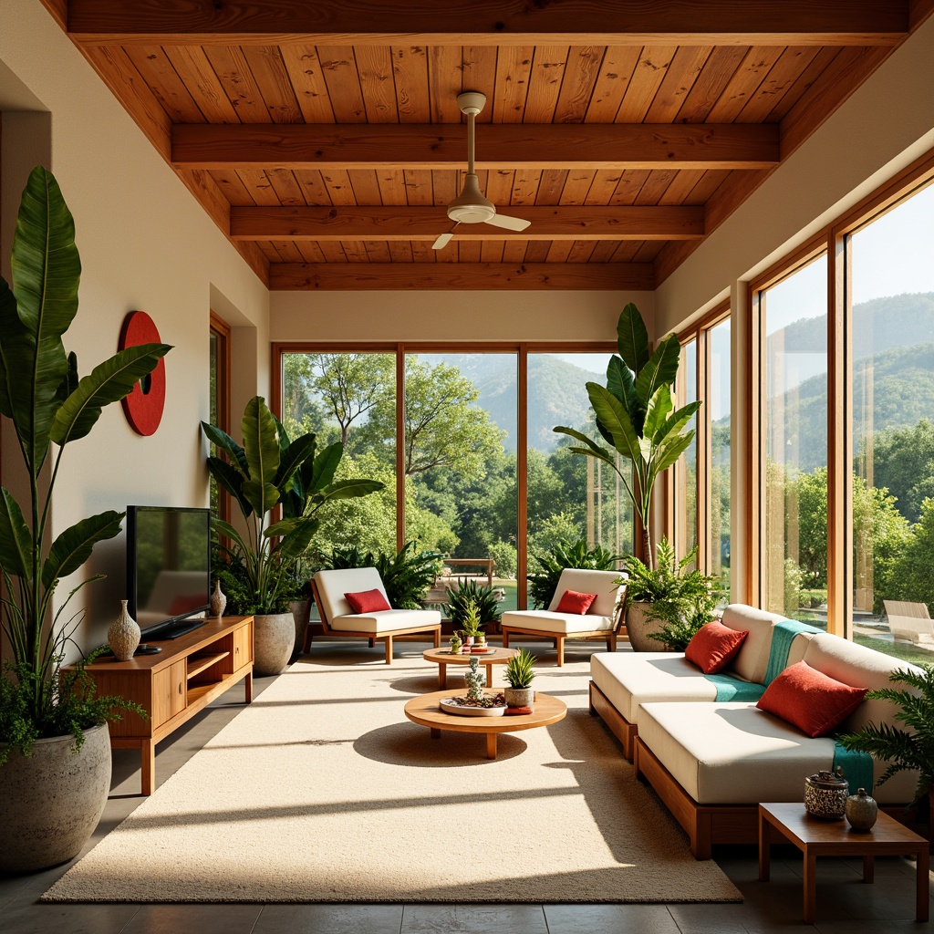 Prompt: Vibrant sunroom, warm natural light, retro-inspired color palette, earthy tones, terracotta red, sienna brown, mint green, turquoise accents, creamy whites, rich wood textures, organic patterns, botanical prints, geometric shapes, minimalist decor, sleek lines, functional furniture, large windows, sliding glass doors, lush greenery, tropical plants, natural stone flooring, warm beige walls, soft warm lighting, shallow depth of field, 3/4 composition, panoramic view.