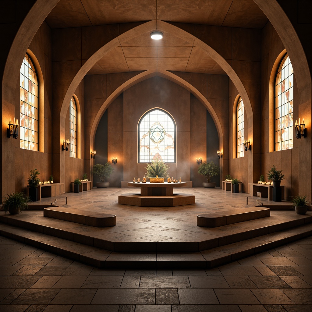 Prompt: Futuristic monastery interior, soft warm ambient lighting, glowing lanterns, LED candles, minimalist altar, sleek metal accents, polished stone floors, curved lines, sacred geometry patterns, stained glass windows, ethereal misty atmosphere, subtle color grading, cinematic shallow depth of field, 1/1 composition, symmetrical framing, dramatic high contrast ratio, realistic volumetric lighting.