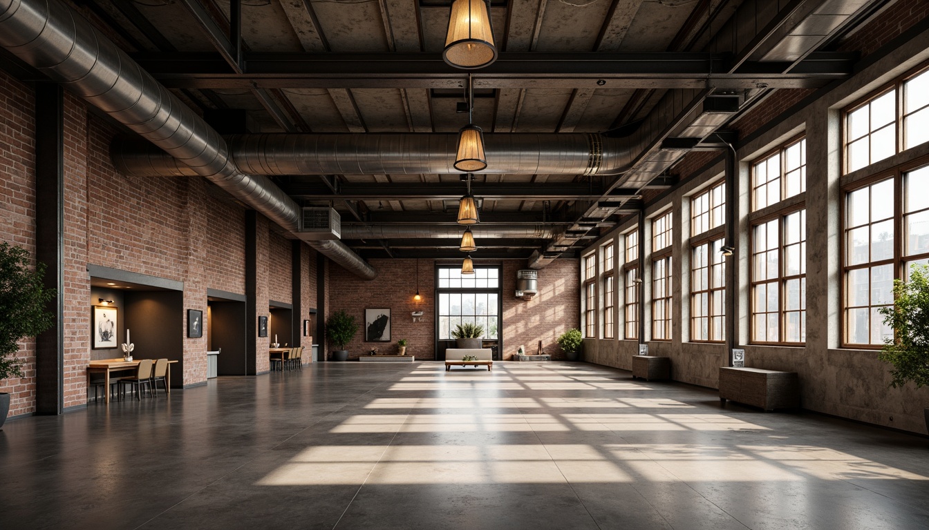 Prompt: Industrial chic open space, exposed ductwork, polished concrete floors, metallic beams, modern industrial lighting fixtures, suspended lamps, warm ambient glow, high ceilings, minimal decor, reclaimed wood accents, steel columns, urban loft atmosphere, natural daylight pouring in, soft shadows, 1/1 composition, realistic reflections, subtle color grading, moody evening ambiance.