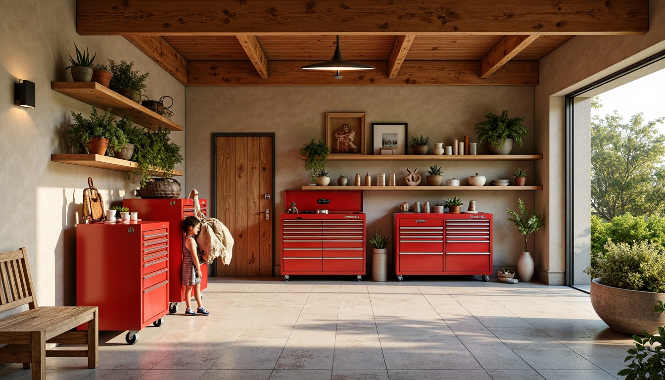 Prompt: Vibrant family garage, warm beige walls, rich wood accents, bold red toolboxes, sleek metal shelving units, natural stone flooring, modern industrial lighting fixtures, cozy seating area, rustic wooden benches, lively greenery, potted plants, soft warm color palette, shallow depth of field, 1/2 composition, realistic textures, ambient occlusion.