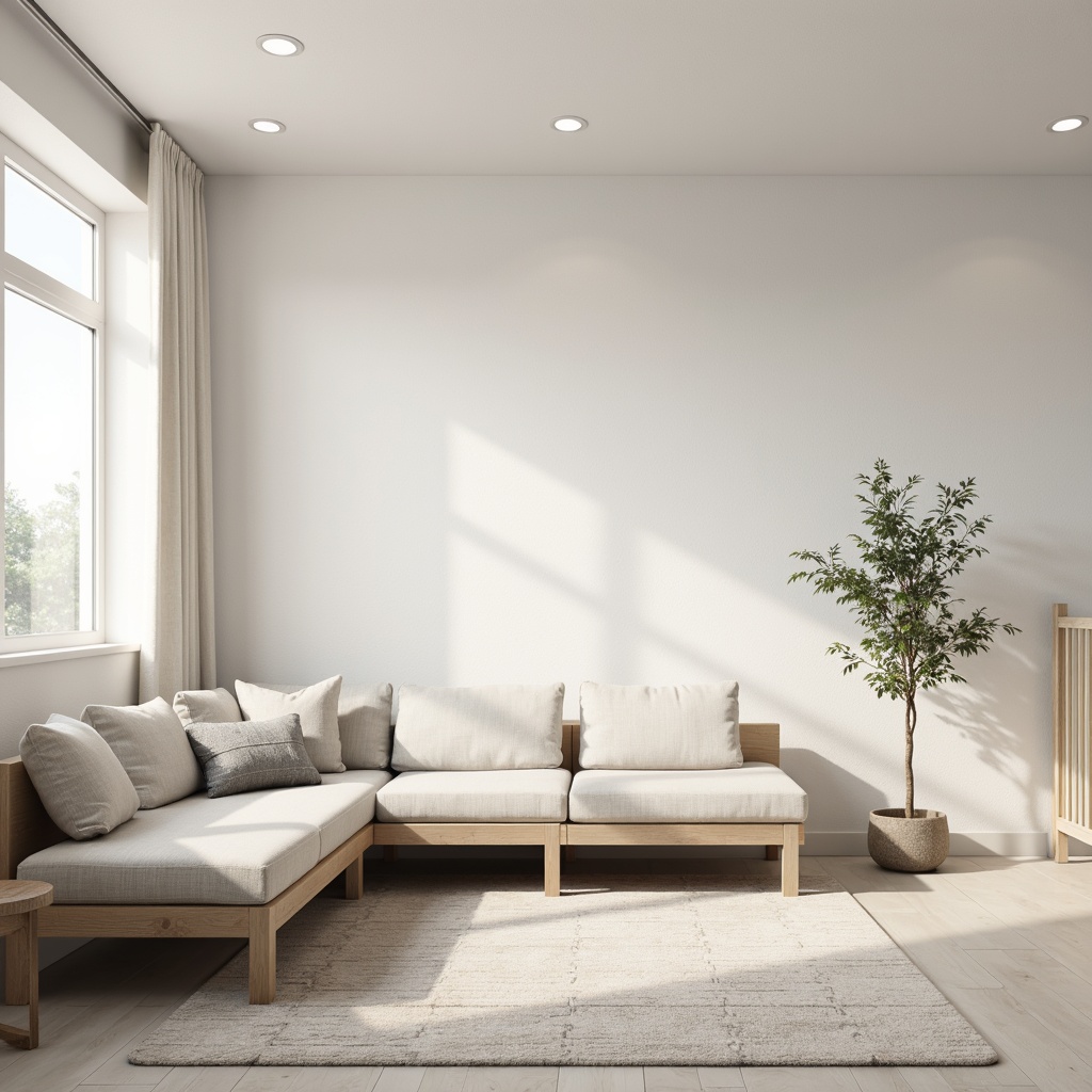 Prompt: Monochromatic interior space, soft neutral tones, calming whites, creams, and grays, minimal ornamentation, clean lines, simple shapes, natural textiles, wooden accents, subtle metallic hints, dimmable lighting, soft shadows, 1/1 composition, atmospheric perspective, realistic renderings, ambient occlusion.