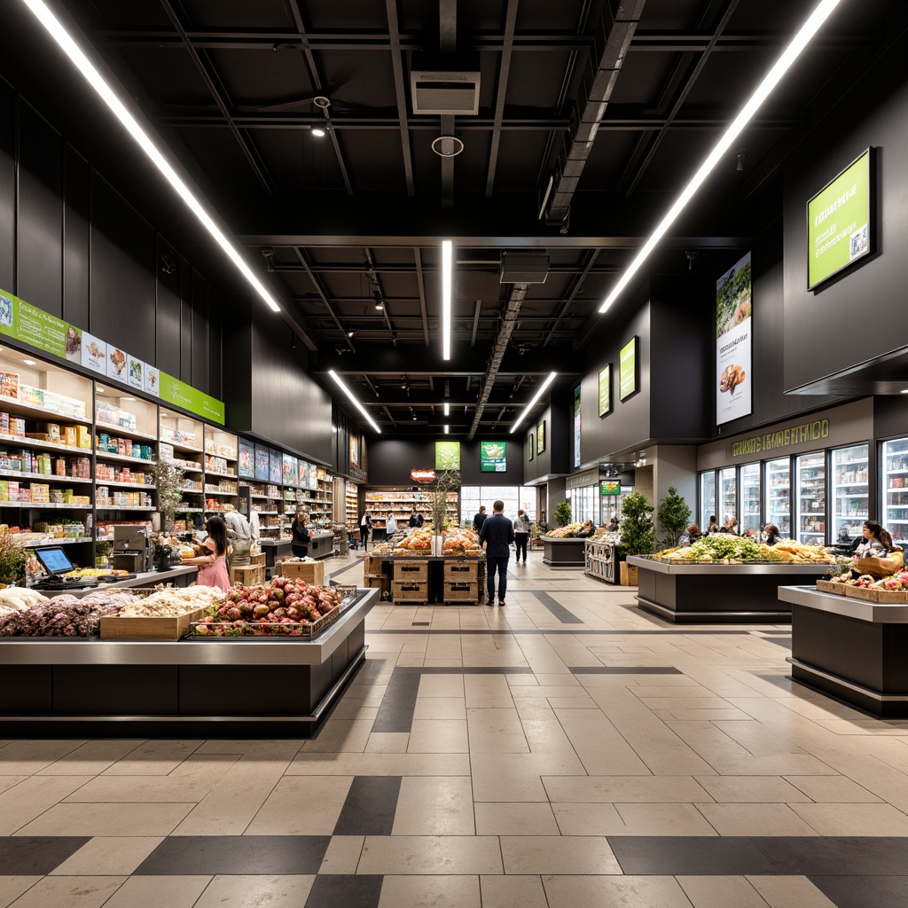 Prompt: Modern grocery store interior, sleek minimalist shelving, polished metal accents, monochromatic color scheme, LED lighting, reflective surfaces, geometric floor patterns, open floor plan, streamlined checkout counters, self-service kiosks, digital signage, wooden crates, fresh produce displays, refrigerated sections, ambient music, soft warm lighting, shallow depth of field, 2/3 composition, panoramic view, realistic textures, ambient occlusion.