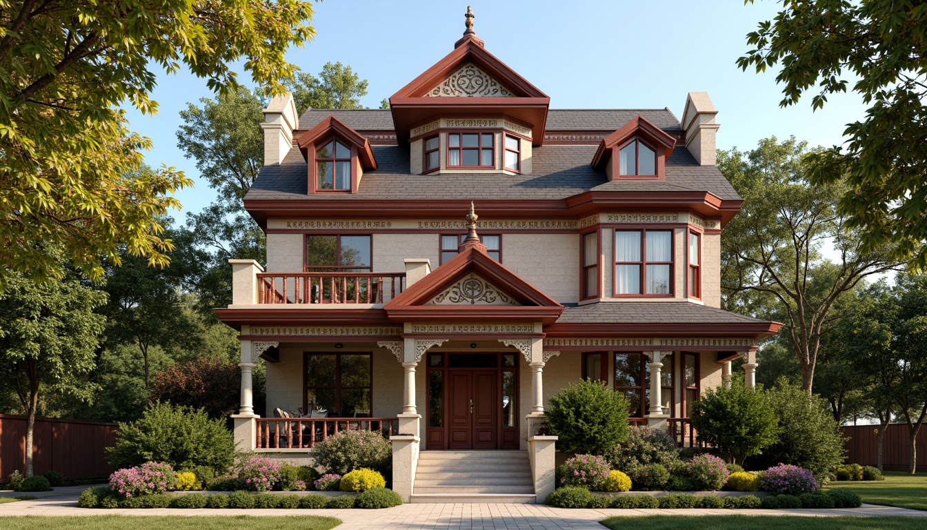 Prompt: Richly ornate Victorian home facade, warm earthy tones, soft mauve accents, creamy whites, deep red brick, intricate wooden trim, ornate plaster details, stained glass windows, lush greenery, vibrant flowers, sunny day, soft warm lighting, shallow depth of field, 3/4 composition, panoramic view, realistic textures, ambient occlusion.