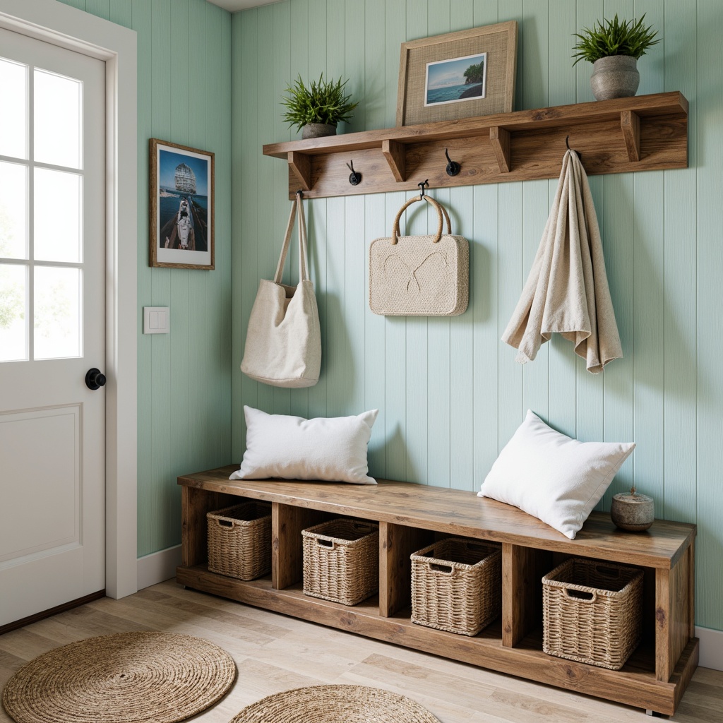 Prompt: \Coastal mudroom with rustic wooden bench, woven sea grass storage baskets, nautical rope accents, driftwood shelves, ocean-inspired artwork, calming blue-green color palette, natural textures, sandy floor mats, woven jute rug, soft warm lighting, 1/1 composition, realistic reflections, ambient occlusion, beachy vibe.\Please let me know if this meets your expectations!