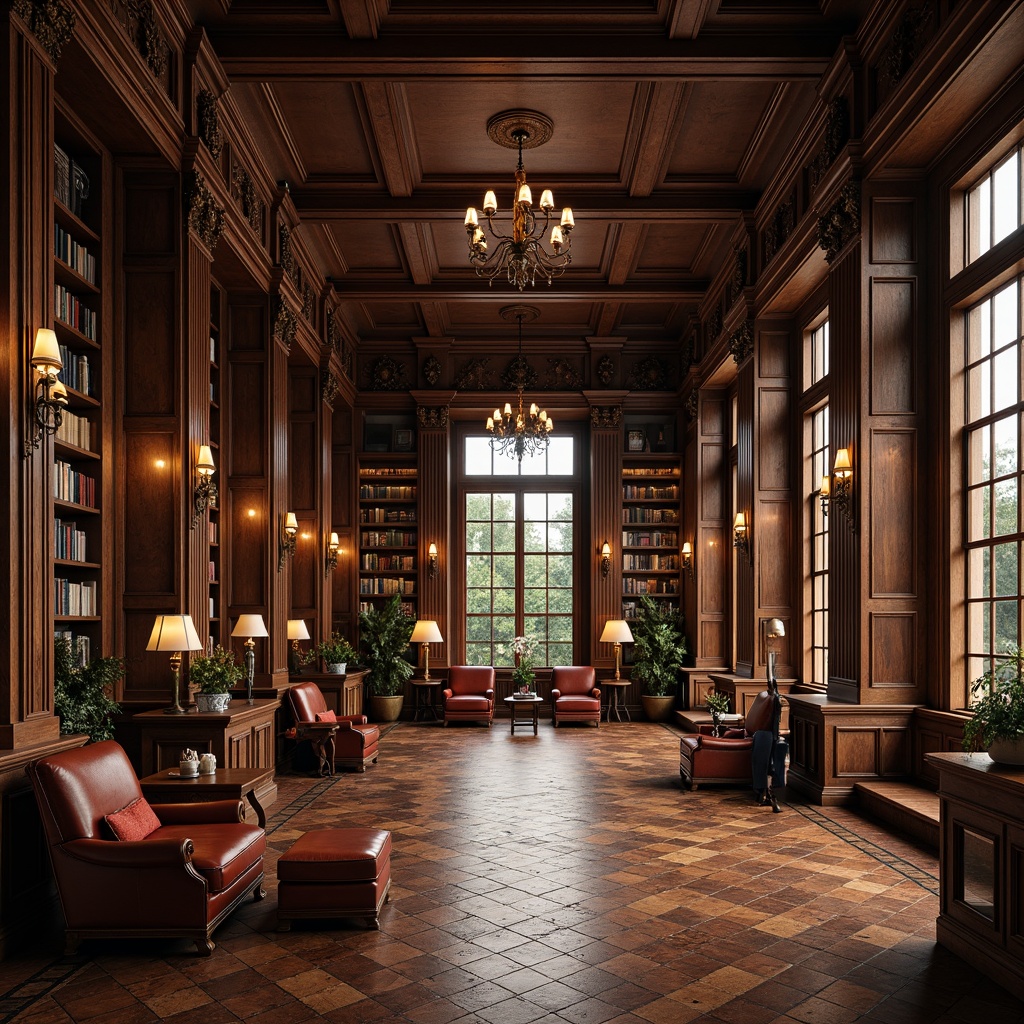 Prompt: Rich wooden flooring, dark-stained oak panels, ornate patterns, classic bookshelves, comfortable reading nooks, warm lighting fixtures, cozy atmosphere, vintage furniture, leather-bound books, intricate moldings, high ceilings, large windows, soft natural light, 1/1 composition, shallow depth of field, realistic textures, ambient occlusion.