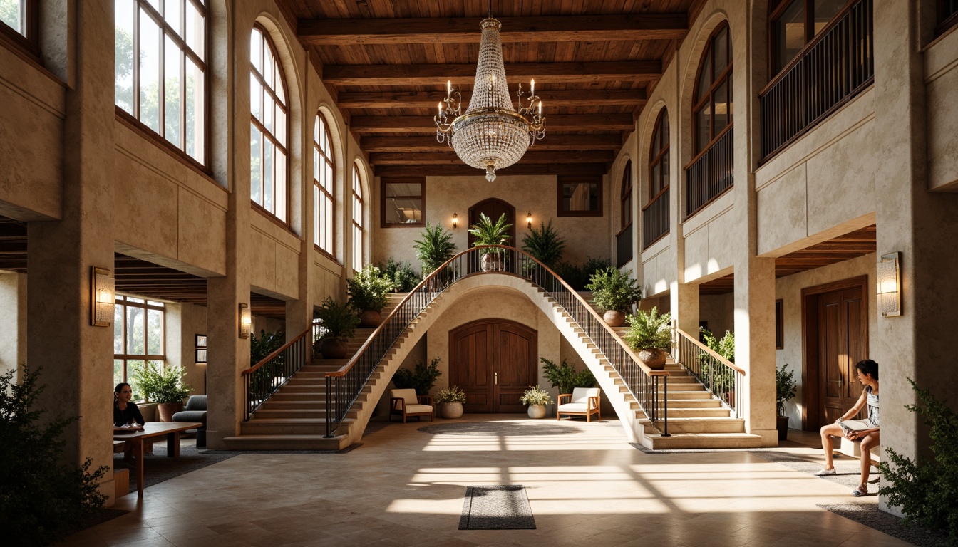 Prompt: Grandiose columns, ornate capitals, symmetrical fa\u00e7ade, rustic stone walls, arched windows, elegant balustrades, sweeping staircases, intricately carved wooden doors, polished marble floors, crystal chandeliers, soft warm lighting, shallow depth of field, 3/4 composition, panoramic view, realistic textures, ambient occlusion.