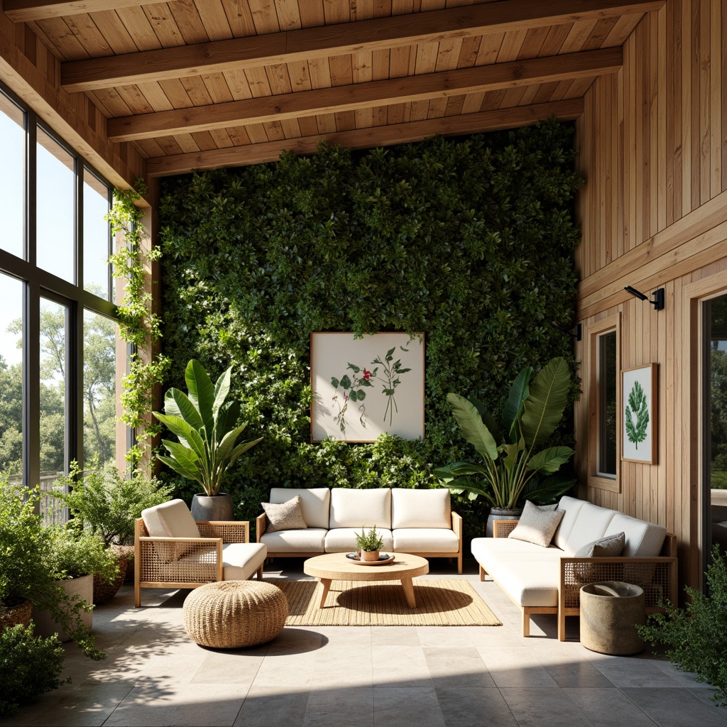 Prompt: Organic modern interior, reclaimed wood accents, living green walls, natural stone flooring, earthy color palette, woven textiles, rattan furniture, botanical prints, large windows, abundant sunlight, airy atmosphere, minimalist decor, potted plants, hanging vines, warm wooden tones, nature-inspired patterns, soft diffused lighting, 1/1 composition, intimate scale.