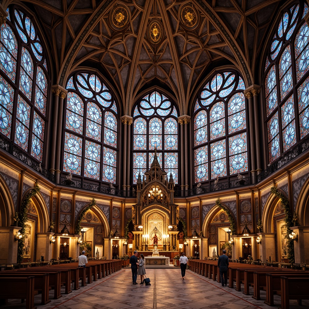 Prompt: Opulent cathedral, lavish stained glass windows, kaleidoscope colors, geometric patterns, floral motifs, ornate metal frames, grandiose architecture, intricate mosaics, Byzantine influences, golden accents, luxurious materials, rich textures, dramatic lighting, warm ambient glow, high ceilings, vaulted roofs, symmetrical compositions, central nave, ornate altarpieces, sacred symbols, spiritual ambiance, heavenly atmosphere.