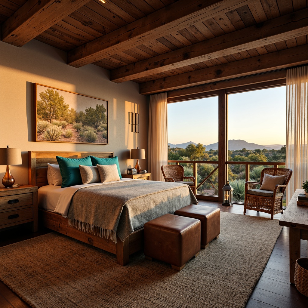 Prompt: Southwestern style bedroom, rustic wooden furniture, earthy tones, turquoise accents, woven textiles, natural fabrics, rattan chairs, leather ottomans, reclaimed wood headboards, distressed finishes, vintage metal lanterns, woven baskets, cactus plants, desert landscape views, warm sunset lighting, shallow depth of field, 3/4 composition, panoramic view, realistic textures, ambient occlusion.