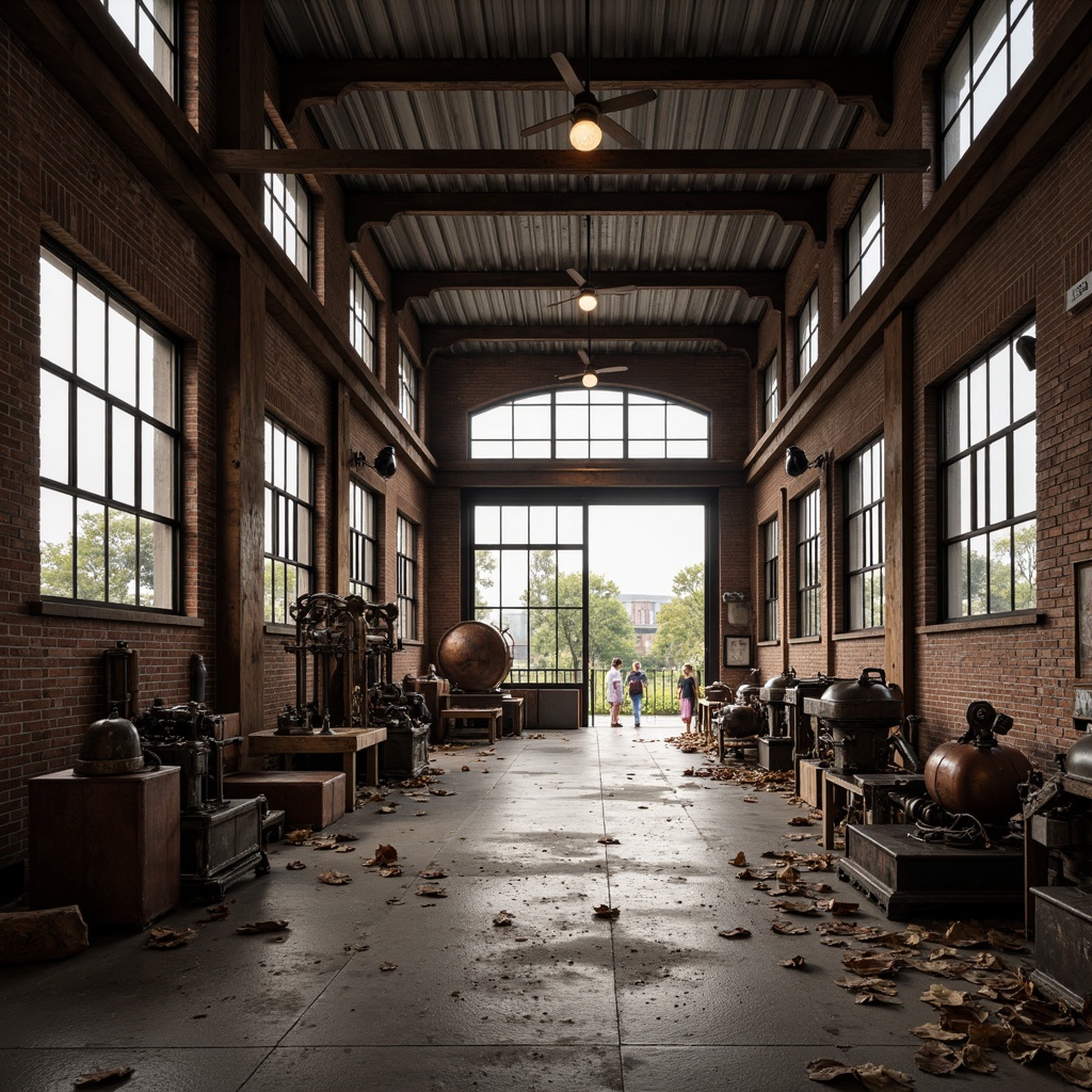 Prompt: Rustic factory setting, exposed brick walls, metal beams, reclaimed wood accents, industrial-grade lighting fixtures, distressed concrete floors, urban landscape views, abandoned machinery props, worn leather textures, vintage manufacturing tools, metallic color palette, gritty urban atmosphere, high-contrast dramatic lighting, 1/2 composition, cinematic depth of field, realistic rust and decay effects.