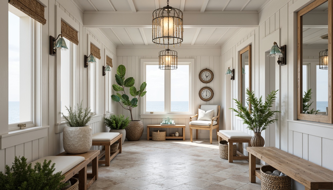 Prompt: Coastal-style mudroom, natural woven baskets, rustic wooden benches, driftwood accents, sea-glass chandeliers, nautical-themed pendant lights, distressed metal lanterns, soft blue-green glass shades, linen-textured drum shades, ocean-inspired mosaic tiles, shell-adorned mirrors, weathered wood plank walls, beachy neutral color palette, warm white LED lighting, subtle coastal fragrances, 1/1 composition, shallow depth of field, realistic textures.