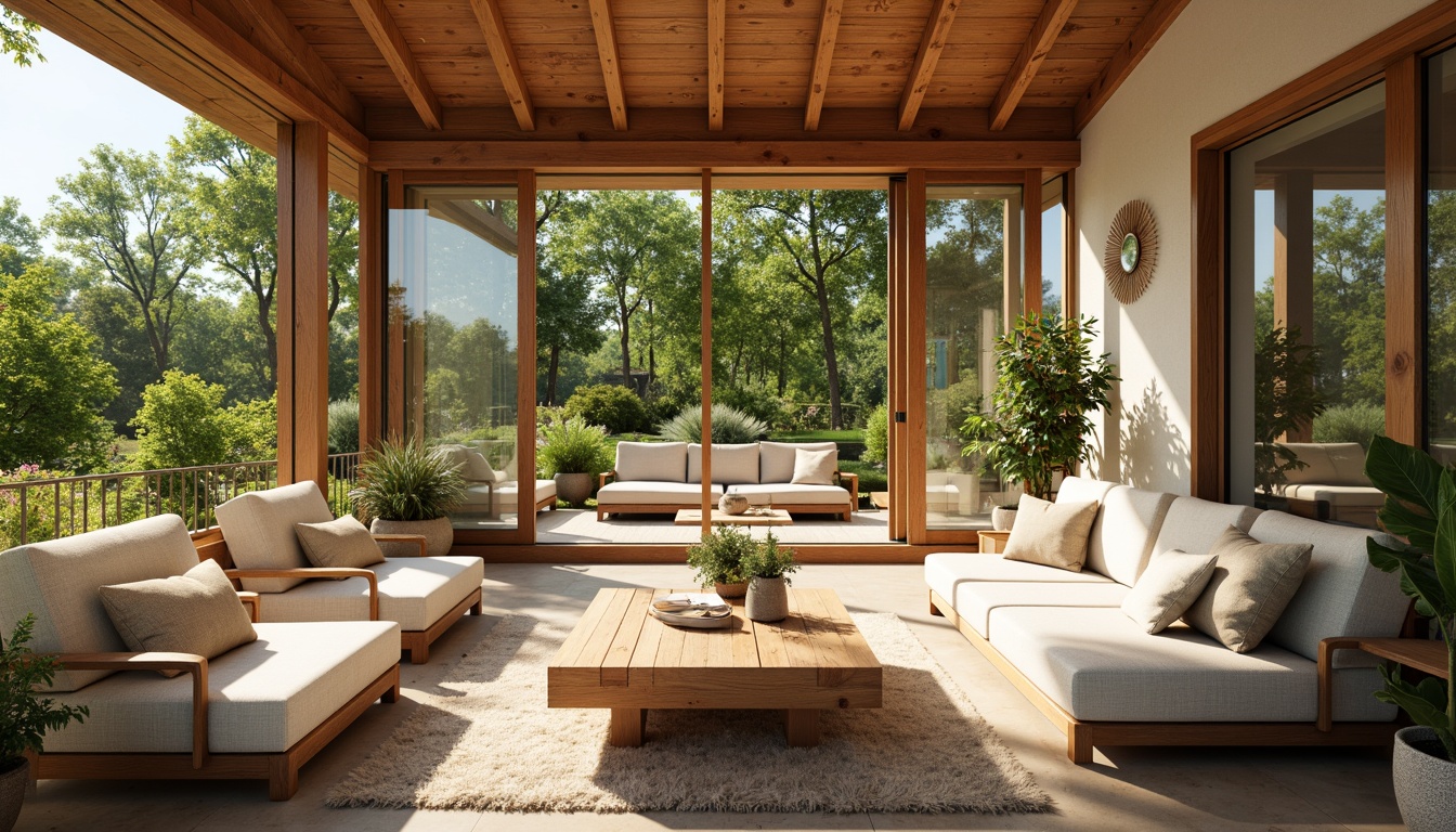 Prompt: Warm sunroom, abundant natural light, mid-century modern style, large windows, sliding glass doors, wooden accents, minimal ornamentation, open floor plan, comfortable seating areas, lush greenery, potted plants, organic textiles, earthy color palette, warm beige tones, soft cream hues, sleek lines, geometric shapes, functional simplicity, cozy reading nooks, peaceful ambiance, gentle warmth, subtle shadows, shallow depth of field, 1/2 composition, realistic materials, ambient occlusion.