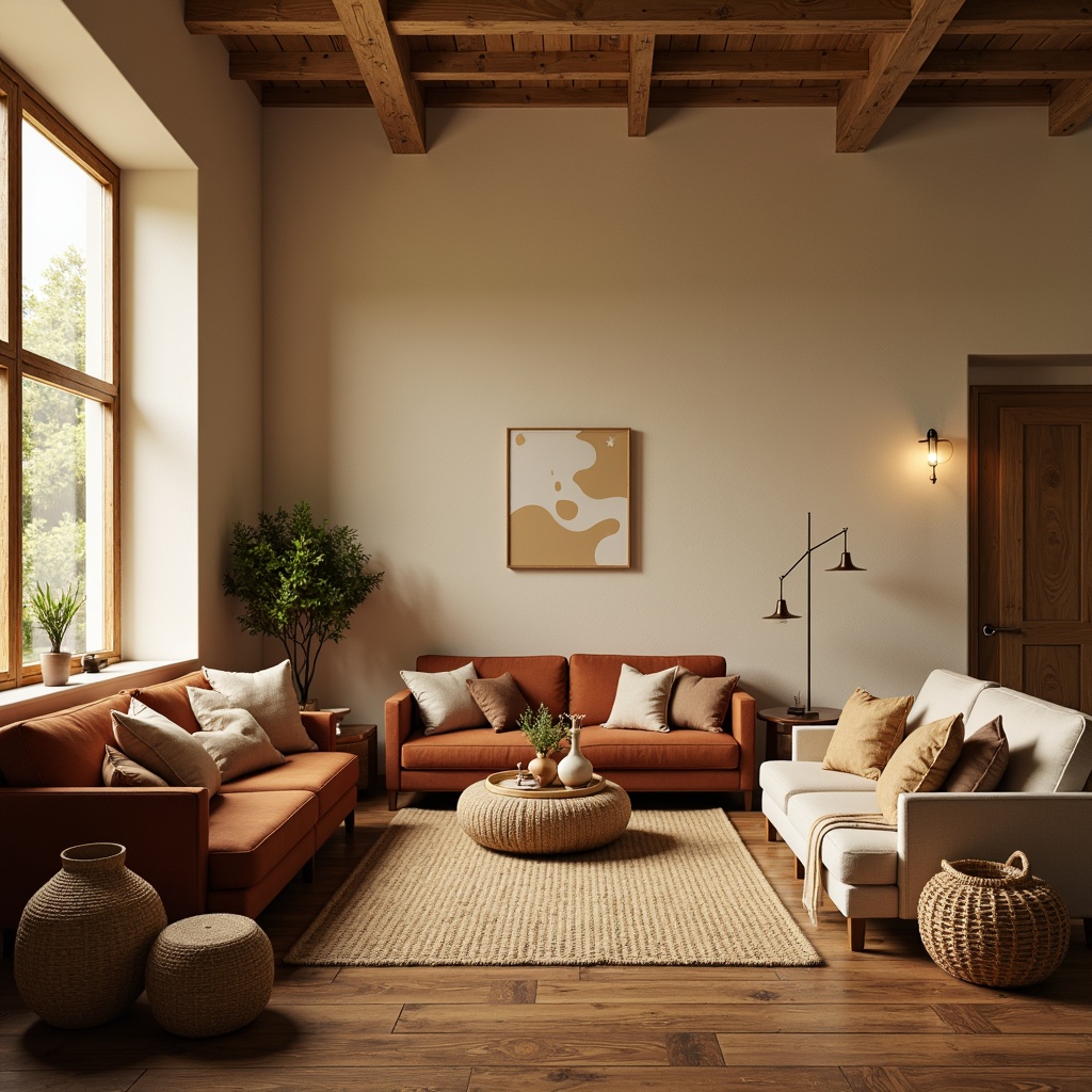 Prompt: Cozy living room, warm beige walls, rich wood flooring, plush velvet sofas, soft golden lighting, natural fiber rugs, woven baskets, earthy ceramic vases, organic shapes, tactile upholstery, inviting atmosphere, subtle patterns, muted color palette, ambient shadows, 1/1 composition, realistic rendering, detailed textures.