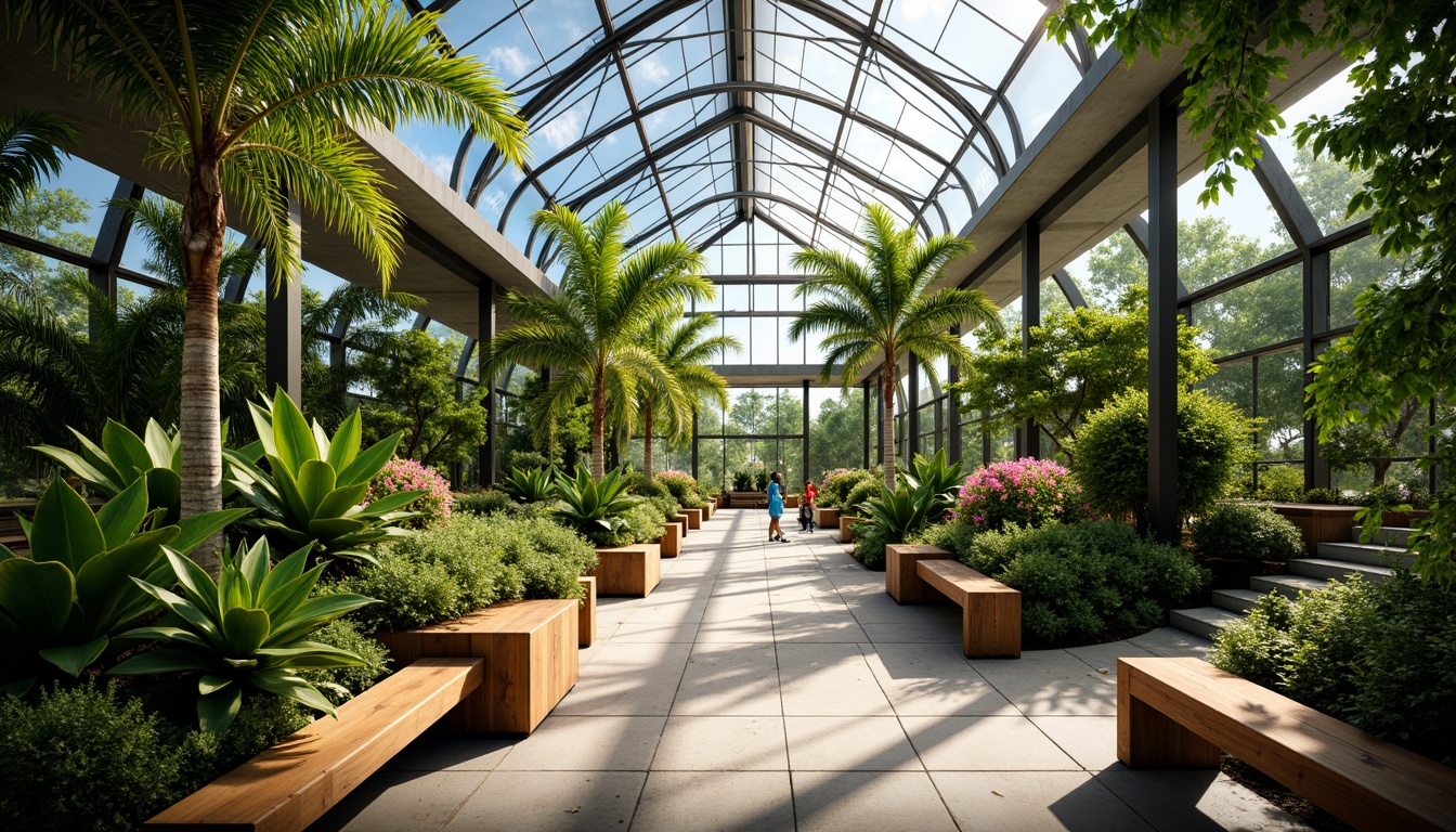 Prompt: Lush tropical greenhouse, exotic palm trees, vibrant flowering plants, natural stone pathways, wooden planters, modern minimalist benches, industrial metal beams, abundant natural light, warm humid atmosphere, misting irrigation system, shallow depth of field, 1/1 composition, realistic textures, ambient occlusion.