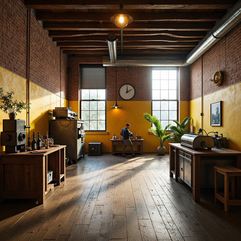 Prompt: Industrial interior, light yellow accents, exposed brick walls, metal beams, reclaimed wood flooring, minimalist decor, functional lighting fixtures, industrial-chic machinery, distressed metal textures, warm atmospheric glow, softbox lighting, shallow depth of field, 2/3 composition, realistic reflections, ambient occlusion.