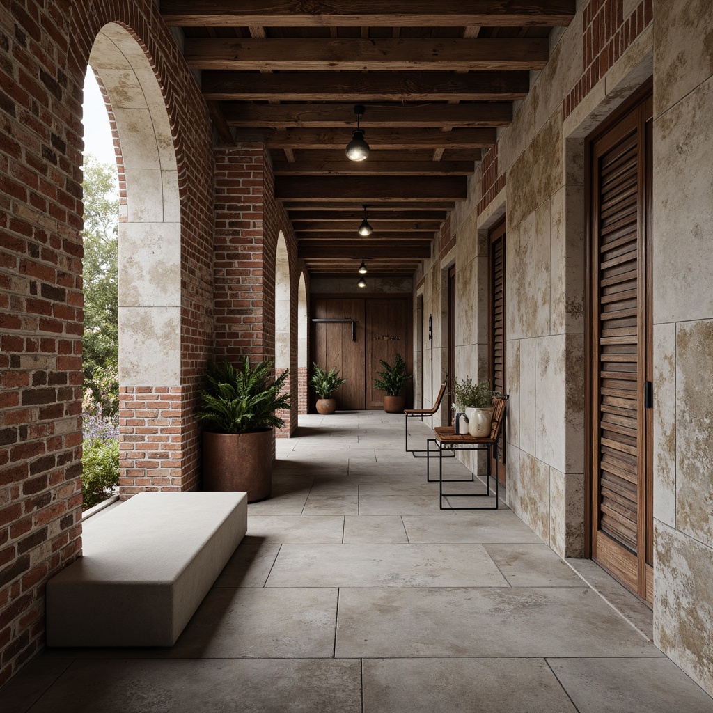 Prompt: Rustic brick walls, distressed concrete finishes, natural stone cladding, wooden accents, reclaimed wood panels, industrial metal grills, smooth plaster surfaces, matte finish paints, subtle color variations, ambient occlusion, realistic normal maps, high-poly geometry, cinematic lighting, shallow depth of field, 1/1 composition, symmetrical framing, atmospheric perspective.