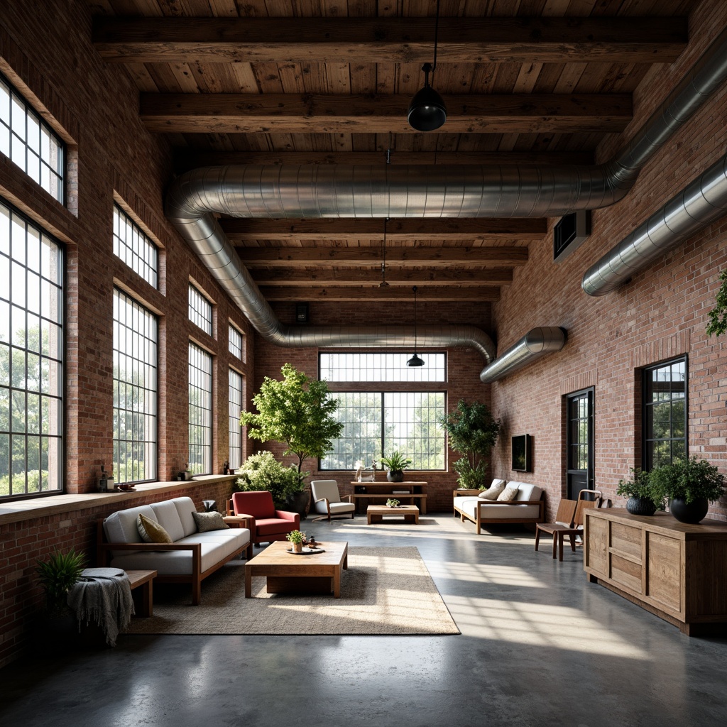 Prompt: Exposed ductwork, reclaimed wooden beams, industrial metal pipes, brick walls, concrete floors, high ceilings, large windows, natural light pouring in, minimalist decor, functional furniture, distressed textures, urban loft ambiance, moody color palette, dimmable lighting, 1/1 composition, shallow depth of field, realistic render.