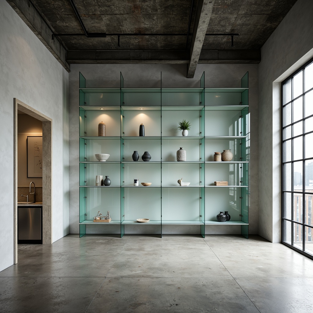 Prompt: Minimalist storage room, sleek glass installations, transparent shelves, reflective surfaces, modern industrial design, concrete floors, metal beams, urban loft atmosphere, soft natural lighting, subtle shadows, 1/1 composition, realistic reflections, ambient occlusion, detailed textures, subtle color palette, monochromatic tones, functional minimalism.