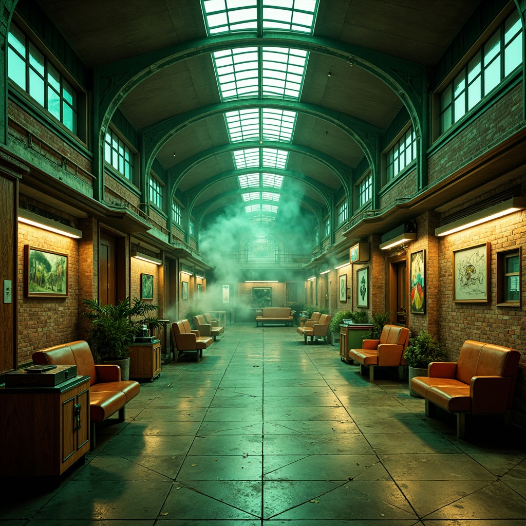 Prompt: Vibrant mint-green train station, Art Deco influences, ornate metalwork, geometric patterns, retro-futuristic vibes, industrial chic, exposed brick walls, polished wooden benches, vintage luggage racks, distressed leather accents, atmospheric steam effects, warm golden lighting, dramatic shadows, cinematic composition, shallow depth of field, 2.35