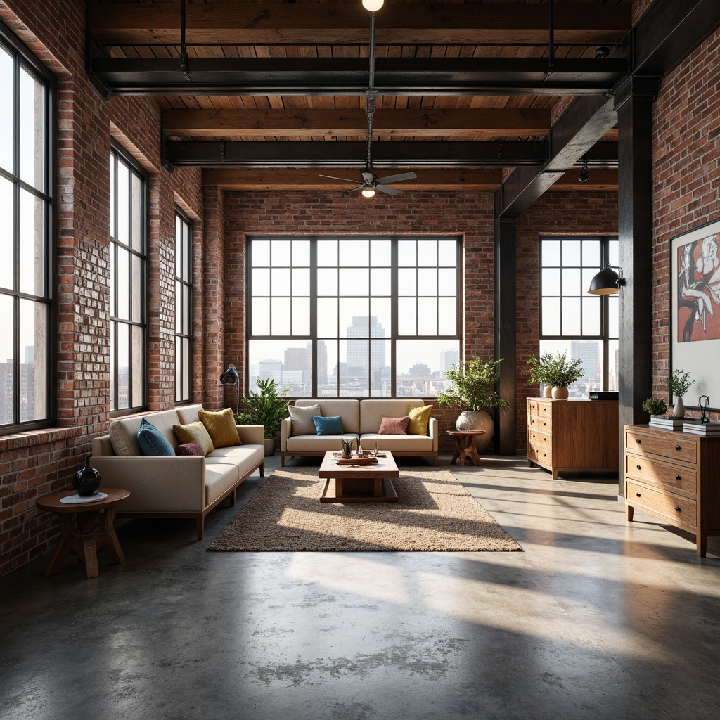 Prompt: Industrial chic loft, exposed brick walls, polished concrete floors, metal beams, reclaimed wood accents, eclectic decorative pieces, vintage furniture, modern art installations, urban cityscape views, natural light pouring in, airy atmosphere, minimalist color palette, abstract geometric patterns, distressed textures, warm ambient lighting, shallow depth of field, 1/1 composition, realistic render.