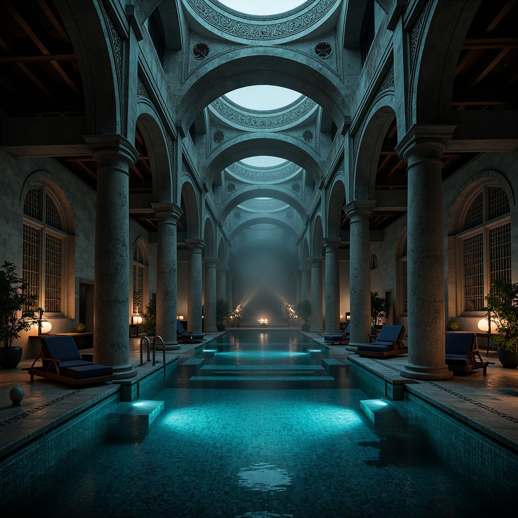 Prompt: Elegant gothic swimming pool, ornate stone carvings, mysterious dark blue water, intricate tile patterns, grand archways, majestic columns, rustic wooden accents, luxurious velvet lounge chairs, dramatic spotlights, misty atmosphere, subtle fog effects, eerie sound design, 1/2 composition, low-key lighting, realistic reflections, ambient occlusion.