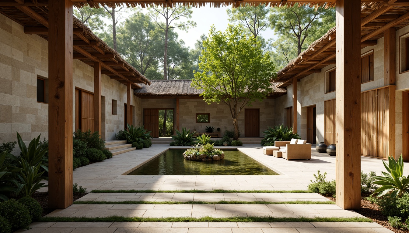 Prompt: Rustic monastery, natural stone walls, wooden accents, bamboo roofing, reclaimed wood floors, earthy color palette, lush green courtyard, serene water feature, organic garden, native plant species, minimalist decor, eco-friendly furniture, recycled materials, low-carbon footprint, abundant natural light, soft warm illumination, 1/1 composition, symmetrical architecture, modern simplicity, peaceful ambiance, subtle texture details.