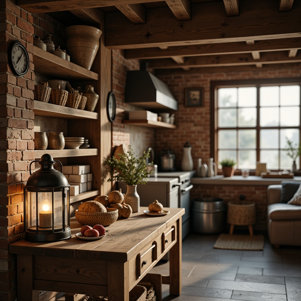 Prompt: Rustic farmhouse, vintage metal lanterns, distressed wood accents, earthy color palette, natural textiles, woven baskets, antique furniture pieces, classic ceramic tiles, exposed brick walls, reclaimed wood shelves, soft warm lighting, cozy atmosphere, shallow depth of field, 1/1 composition, realistic textures, ambient occlusion.